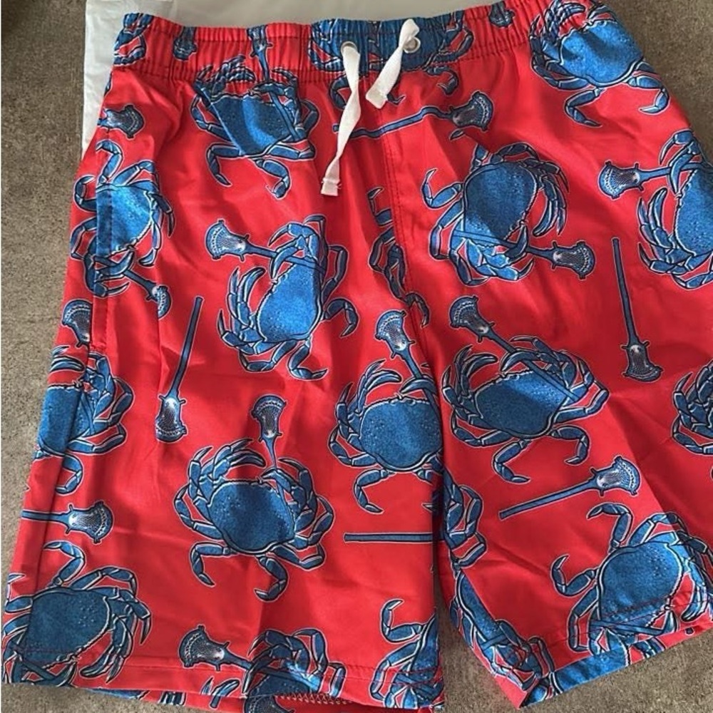 Vibrant Red and Blue Crab Pattern Shorts-Chalk Talk Lacrosse Swim trunks